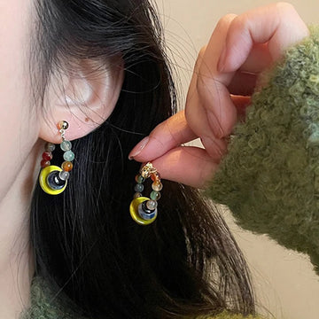 DAIIIBABYYY  -  Retro Colorful Green Bead Earrings Ethnic Style Safety Buckle Design Light Luxury Artistic Popular Earrings Women's Jewelry